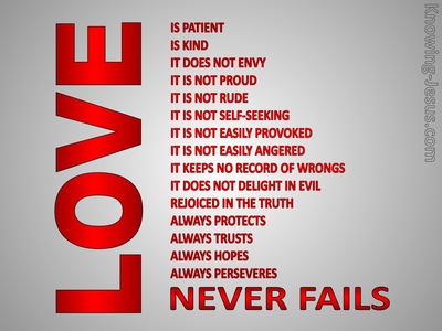 1 Corinthians 13:8 Love Never Fails (red)