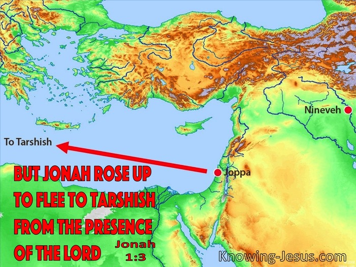Jonah 1:3 Jonah rose up to flee to Tarshish (red) 