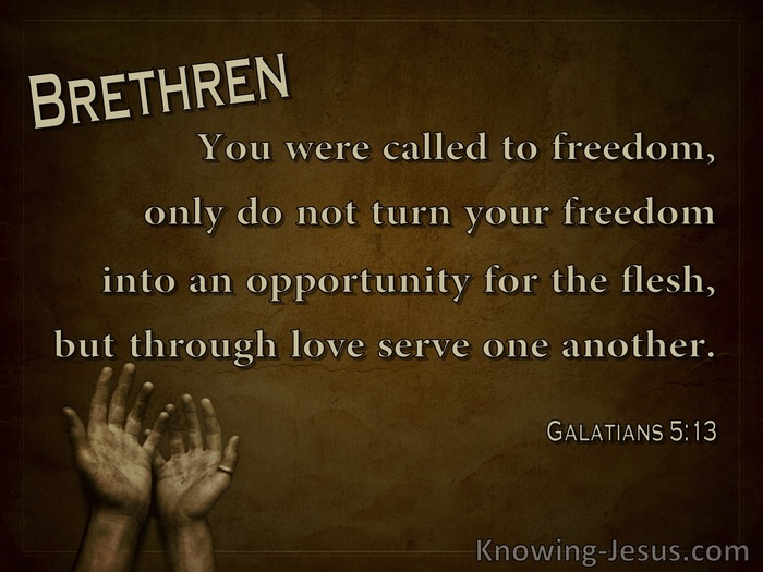 Galatians 5:13 You, my brothers and sisters, were called to be free. But do  not use your freedom to indulge the flesh; rather, serve one another humbly  in love.